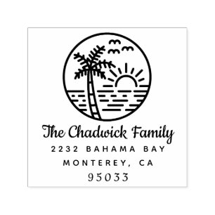 Name-Adresse der Skriptfamilie Sunset Ocean Palm T Permastempel