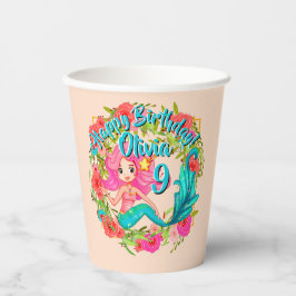 Name Age Pink Mermaid Blue Schwanz Birthday Party  Pappbecher