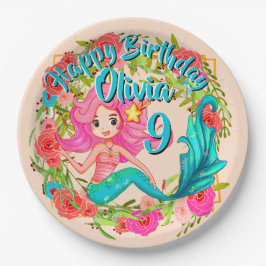Name Age Pink Mermaid Blue Schwanz Birthday Party  Pappteller