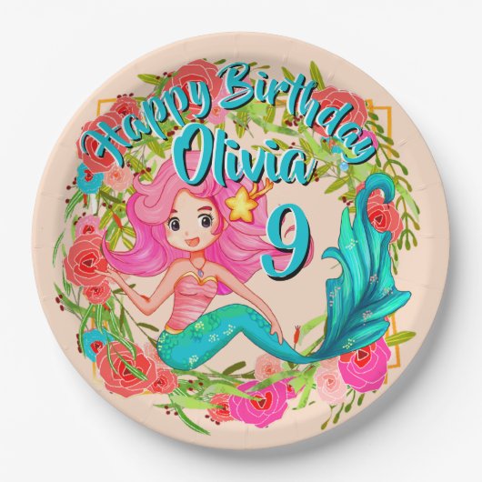 Name Age Pink Mermaid Blue Schwanz Birthday Party  Pappteller (Vorderseite)