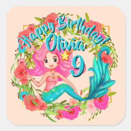 Name Age Pink Mermaid Blue Schwanz Birthday Party  Quadratischer Aufkleber