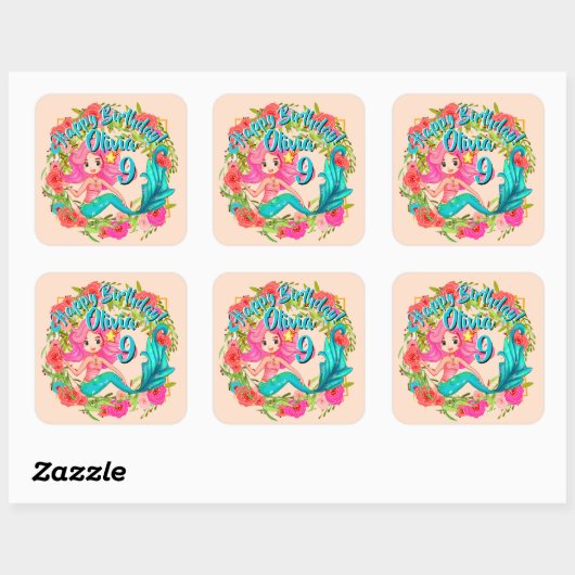 Name Age Pink Mermaid Blue Schwanz Birthday Party Quadratischer Aufkleber (Blatt)
