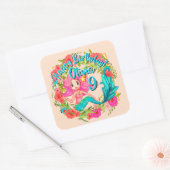 Name Age Pink Mermaid Blue Schwanz Birthday Party Quadratischer Aufkleber (Umschlag)