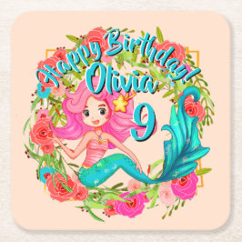 Name Age Pink Mermaid Blue Schwanz Birthday Party  Rechteckiger Pappuntersetzer
