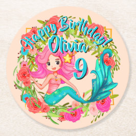 Name Age Pink Mermaid Blue Schwanz Birthday Party  Runder Pappuntersetzer
