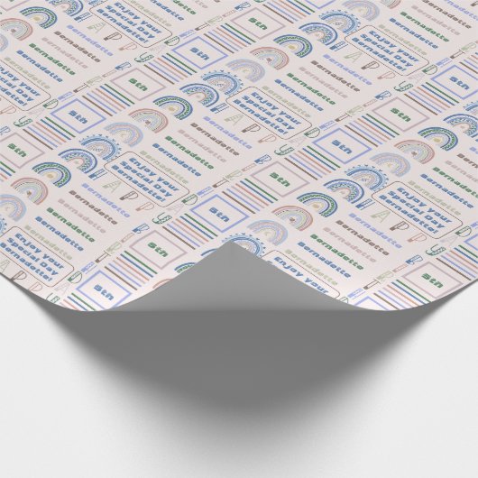Name Age Sentiment Boho Rainbow Pink Blue Green Geschenkpapier (Ecke)