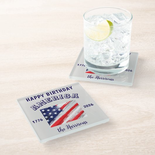 Name || Alles Gute zum Geburtstag Amerika Rustisch Glasuntersetzer (Schrägansicht)