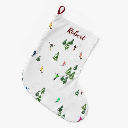 Name Alpine Skier Skifahren Winterbaum Großer Weihnachtsstrumpf (Vorderansicht (hängend))