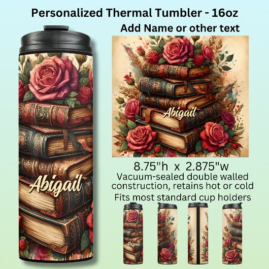 Name, Alte Bücher & Rosen Floral Thermosbecher