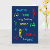 Name, Alter, 14. Geburtstag, Blauer Gruß Karte (Gelbe Blume)