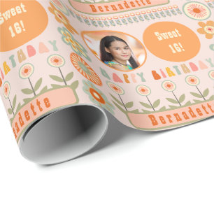 Name Alter Foto Retro Vintage Gänseblümchen Blumen Geschenkpapier