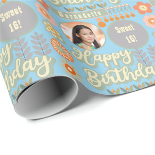 Name Alter Foto Retro Vintage Gänseblümchen Geburt Geschenkpapier