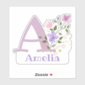 Name Amelia plus Initial mit Blumendesign Aufkleber (Blatt)