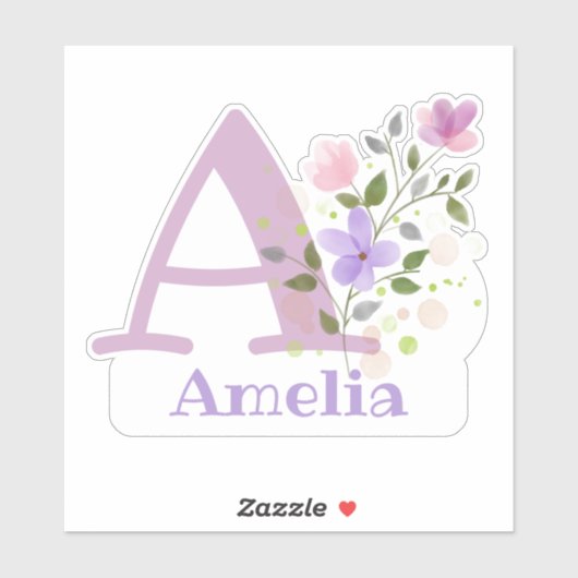 Name Amelia plus Initial mit Blumendesign Aufkleber (Blatt)