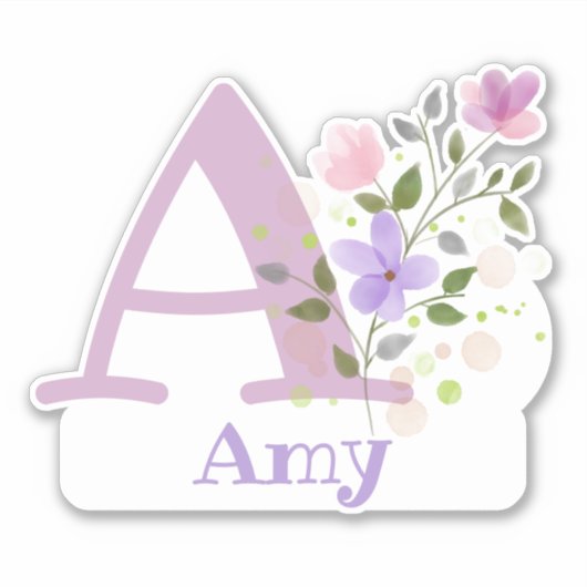 Name Amy and Initial mit Blumendesign Aufkleber (Vorderseite)