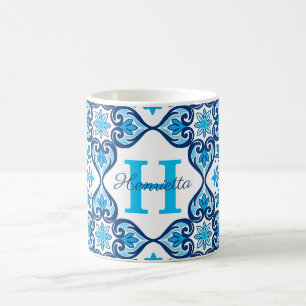 💙🤍 Name + Anfangsbuchstabe blau - weiß Azulejos Kaffeetasse