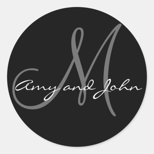 Name & Anfangsbuchstabe Hochzeitsticker Schwarz Runder Aufkleber (Vorderseite)