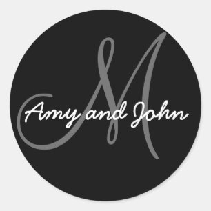 Name & Anfangsbuchstabe Hochzeitsticker Schwarz Runder Aufkleber
