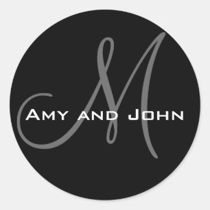 Name & Anfangsbuchstabe Hochzeitsticker Schwarz Runder Aufkleber