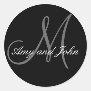 Name & Anfangsbuchstabe Hochzeitsticker Schwarz Runder Aufkleber
