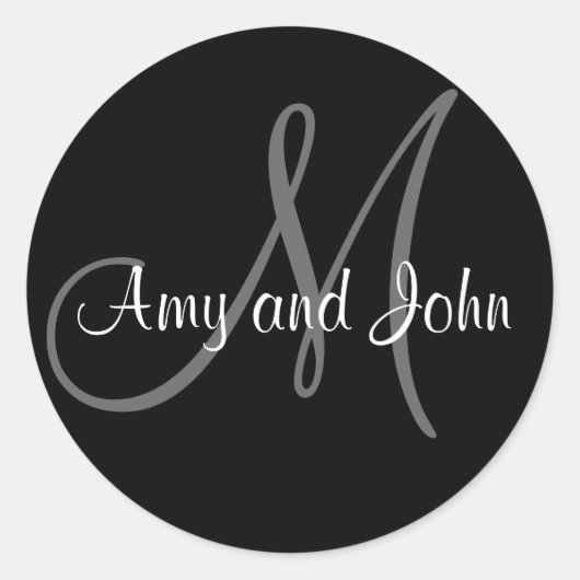 Name & Anfangsbuchstabe Hochzeitsticker Schwarz Runder Aufkleber (Vorderseite)