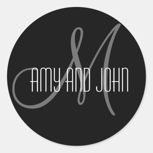 Name & Anfangsbuchstabe Hochzeitsticker Schwarz Runder Aufkleber (Vorderseite)