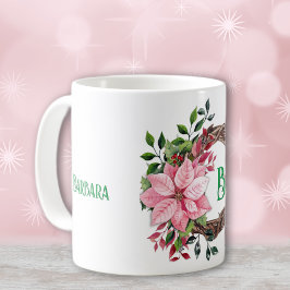 Name & Anfangsnummer, rosa Poinsettia 11oz Kaffeetasse