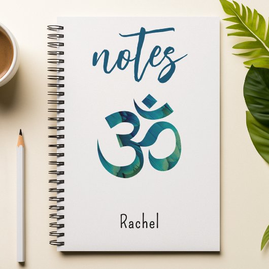 Name, Aqua Bird Feather Muster Om Symbol Notebook Notizblock