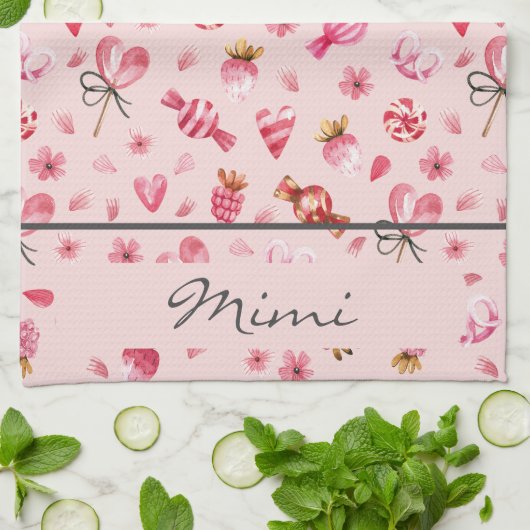 Name, Aquarellfarben, Valentine Candy Muster Geschirrtuch (Gefaltet)