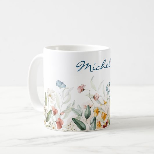 Name, Aquarellfarben Wildblumen Florals 11oz Kaffeetasse (Vorderseite Links)