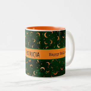 Name auf Halloween Bokeh Monde & Sterne 11oz Zweifarbige Tasse