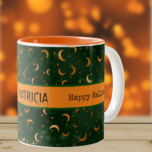 Name auf Halloween Bokeh Monde & Sterne 11oz Zweifarbige Tasse