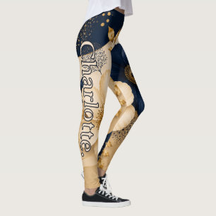 Name auf Navy Blau & Gold Botanical Blumenmuster Leggings