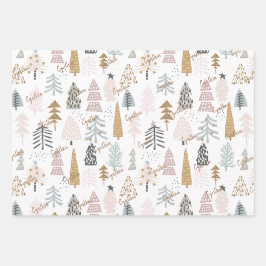 Name auf Top Sheet, 3 Umschlagpapiere Moderne Bäum Geschenkpapier Set (Vorderseite)