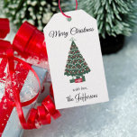 Name auf Vintag Merry Christmas Stilbaum (10) Geschenkanhänger<br><div class="desc">Fröhliche Weihnachten auf weißem Hintergrund und ein zeitgenössischer Weihnachtsbaum schmücken dieses personalisierte Geschenkschild. Ändern Sie einfach Text und Namen mit der bereitgestellten Vorlage. Der Rücken ist leer, weiß und der Garn rot. Tags sind 3, 5" x 2" und verkauft in Sets von 10. Auswahl von 4 Farben Wein. Weitere Informationen...</div>