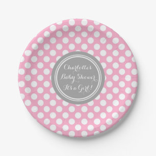 Name-Baby-Duschen-Teller-graue rosa Punkte Pappteller