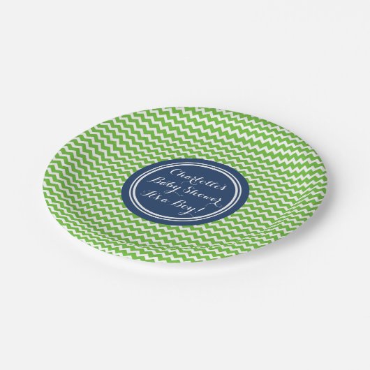 Name-Baby-Duschen-Teller-grün-blaues Zickzack Pappteller (Schrägansicht)