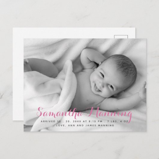 Name | Baby Girl Pink Script Foto Ankündigungspostkarte (Vorne/Hinten)