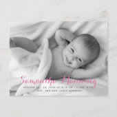 Name | Baby Girl Pink Script Foto Ankündigungspostkarte (Vorderseite)