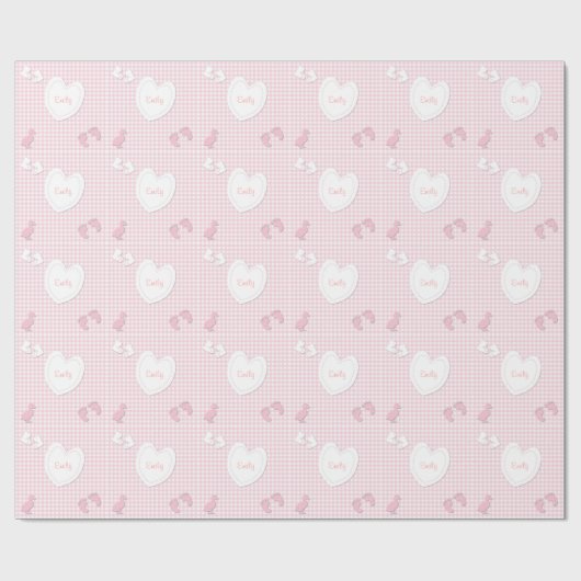 Name-Baby-Mädchen-Herz-Gingham-Papier Geschenkpapier (Flach)