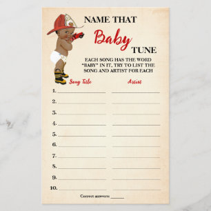 Name Baby Tunes OM Fireman Baby Shower Game Card Flyer
