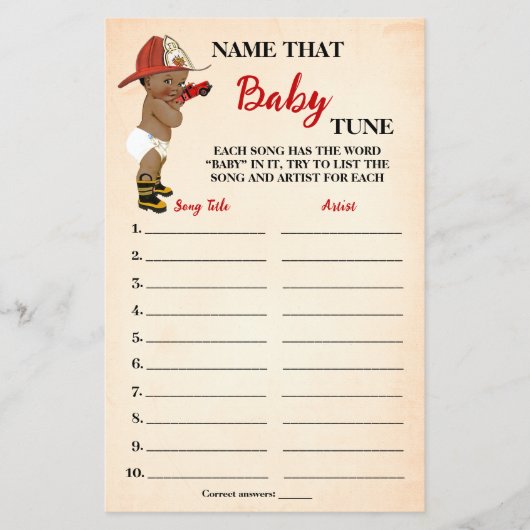 Name Baby Tunes OM Fireman Baby Shower Game Card Flyer (Vorne)