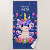 Name, Baby Unicorn Blume & Sterne Blau hinzufügen Strandtuch (Vorderseite)