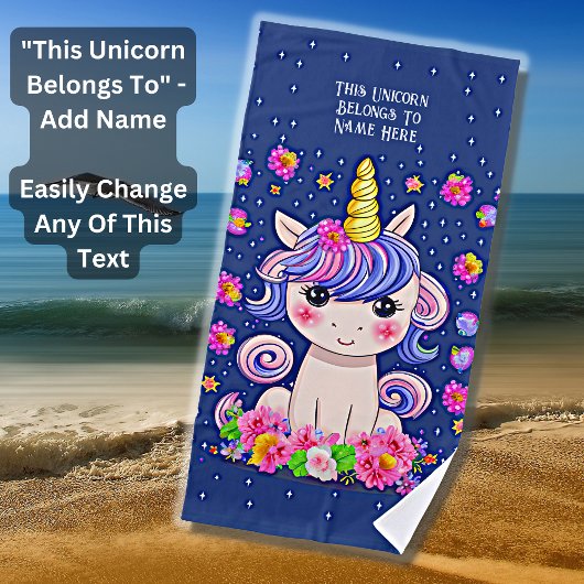 Name, Baby Unicorn Blume & Sterne Blau hinzufügen Strandtuch