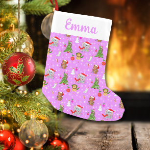 Name Baby Zoo Tiere feiern Weihnachten Pink Kleiner Weihnachtsstrumpf