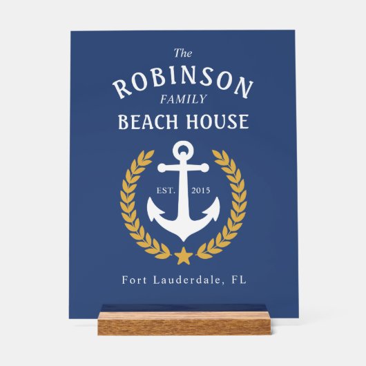 Name Beach House Anchor Gold Laurel Marine Acrylschild (Vorderseite)