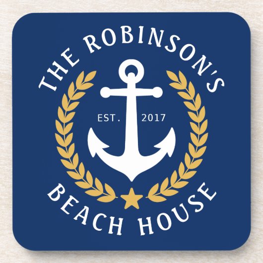 Name Beach House Anchor Gold Laurel Marine Getränkeuntersetzer (Vorderseite)