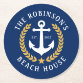 Name Beach House Anchor Gold Laurel Marine Runder Pappuntersetzer (Vorderseite)