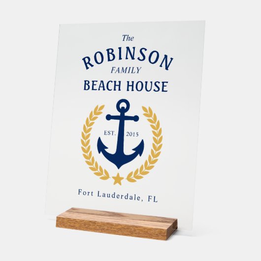 Name Beach House Anchor Gold Laurel Star Acrylschild (Winkel)