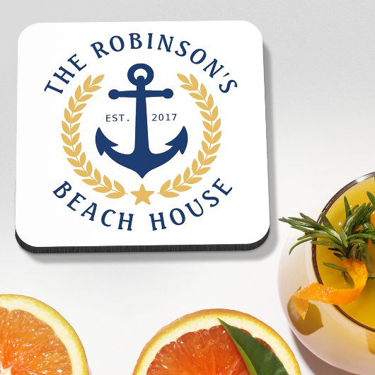 Name Beach House Anchor Gold Laurel White Getränkeuntersetzer